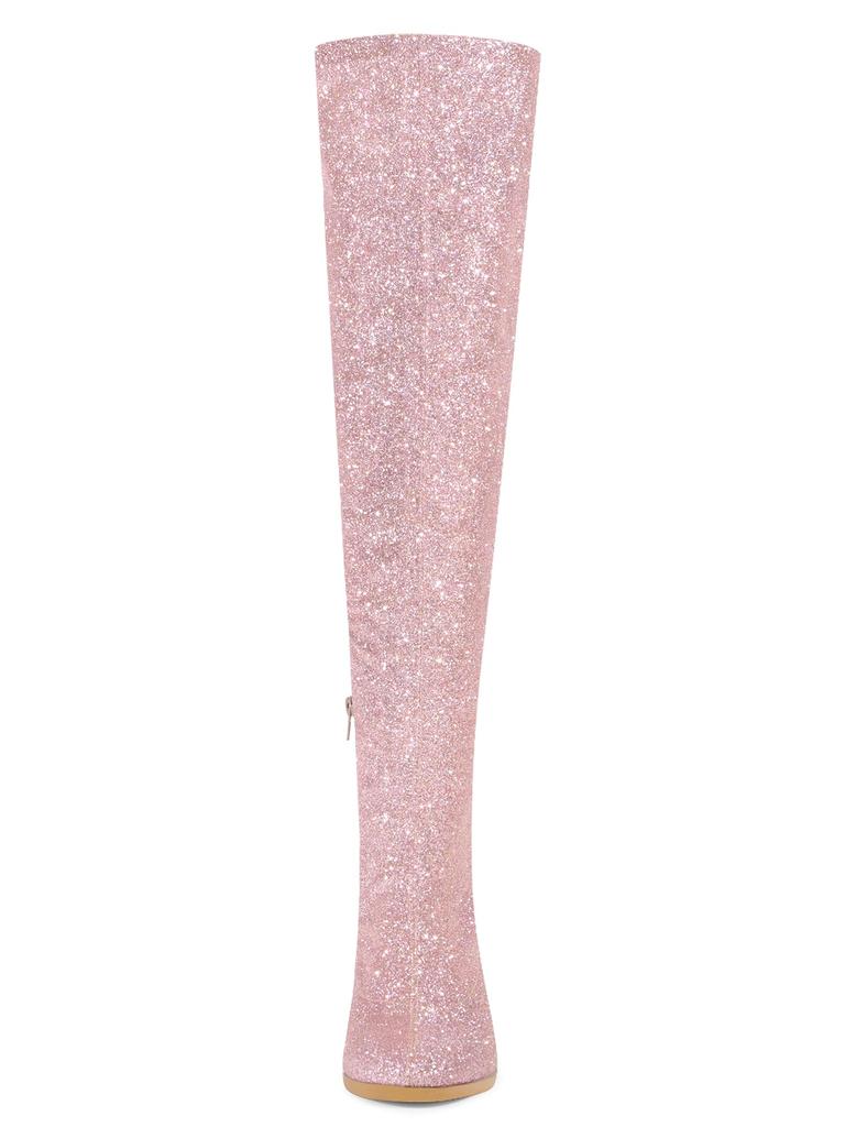 Allegra K Women's Glitter Round Toe Chunky Heel Over-the-Knee Boots, Pink, Size 24.0cm