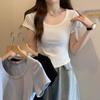 Irregular U-Neck Short Sleeved T-Shirt Summer High Waist Short Style Solid Color Top For Women