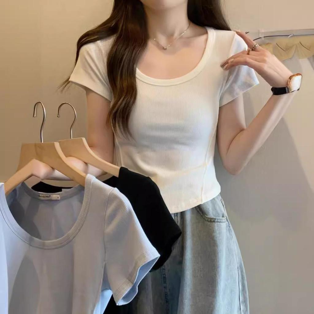 Irregular U-Neck Short Sleeved T-Shirt Summer High Waist Short Style Solid Color Top For Women