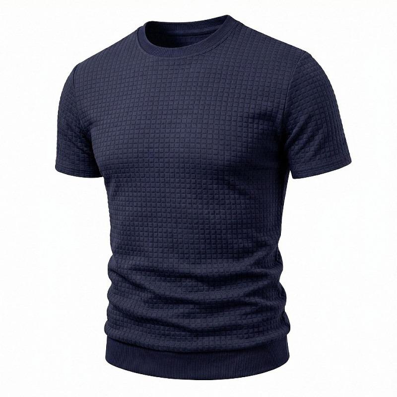 Men Waffle Grid Textured Crew Neck Short Sleeve T-Shirt