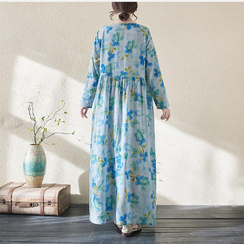 Cotton Linen Swing Long Dress Female Spring and Summer New Loose Thin Temperament Literary Retro Printing Long-sleeved Dresses