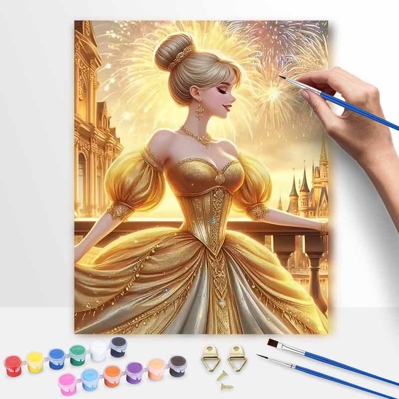 Disney Cinderella Gold Dress Digital Oil Painting Diy Handpainted Coloring Painting Home Decoration, Canvas Wall Art for Living Room