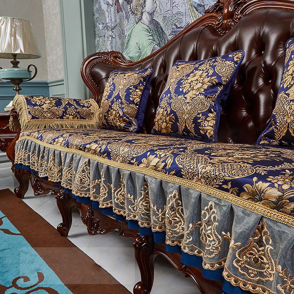 European Luxurious Lace Edge Sofa Cushion Anti-slip Floral Pattern Jacquard Fabric Sofa Cover Armchair Towel Home Sofa Slipcover