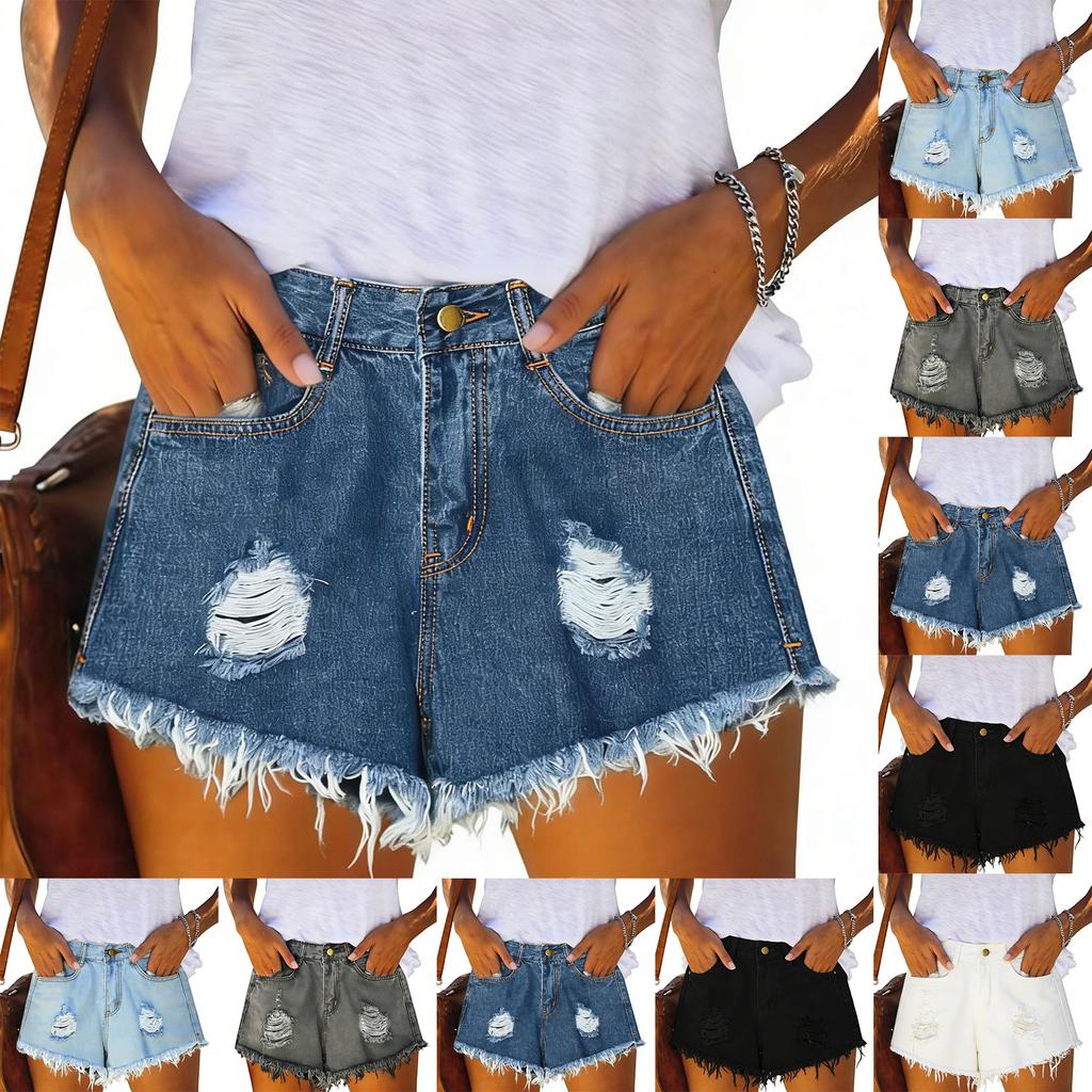 Women's Solid Denim Shorts High Waist Casual Jean Shorts with Frayed Hem and Distressed Detail Non-Stretch Fabric Summer Bottoms