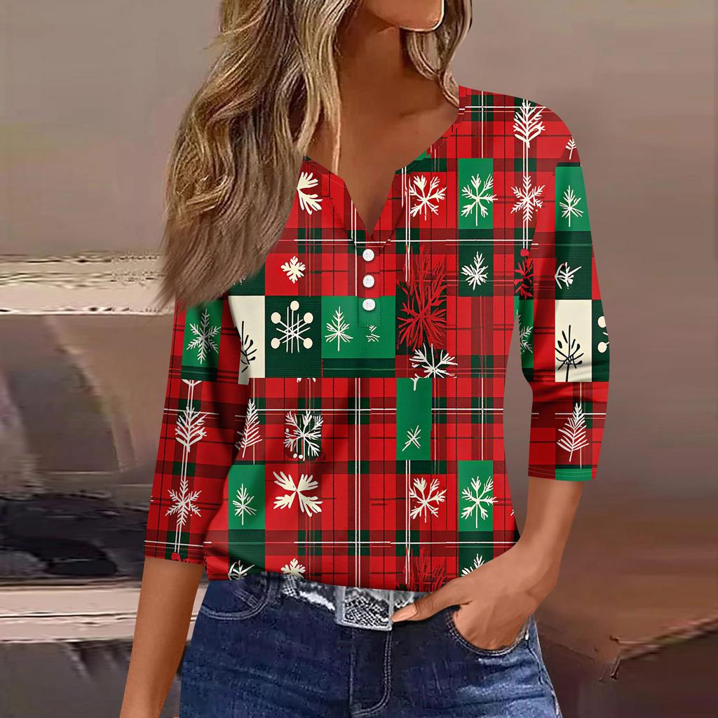 Women's Fashion Casual Three-quarter Sleeve V-neck Floral Print Top