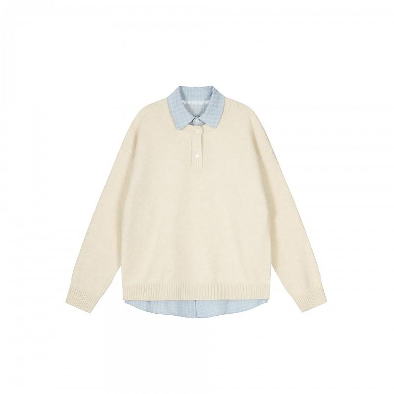 Mens Vintage Fake Two-Piece Knit Shirt Retro Collar Casual Sweater Teens