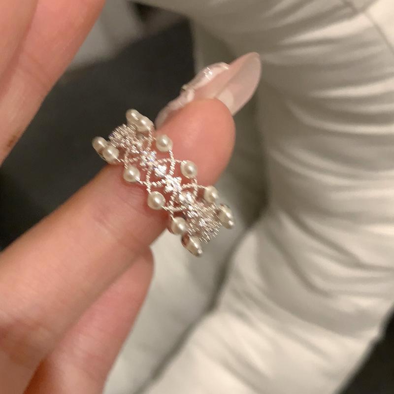 French zircon hollow pearl open ring fashionable light luxury versatile elegant index finger ring niche high-end jewelry
