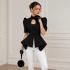 Blazer Negro de Mujer con Mangas Abullonadas y Peplum Elegante Ajustado Chaqueta de Traje para Oficina Fiesta