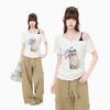 Korean Version of White Slanted Shoulder Off-the-shoulder Kitten Print Short-sleeved T-shirt Women's Summer Design Slim-fit Shirt Top