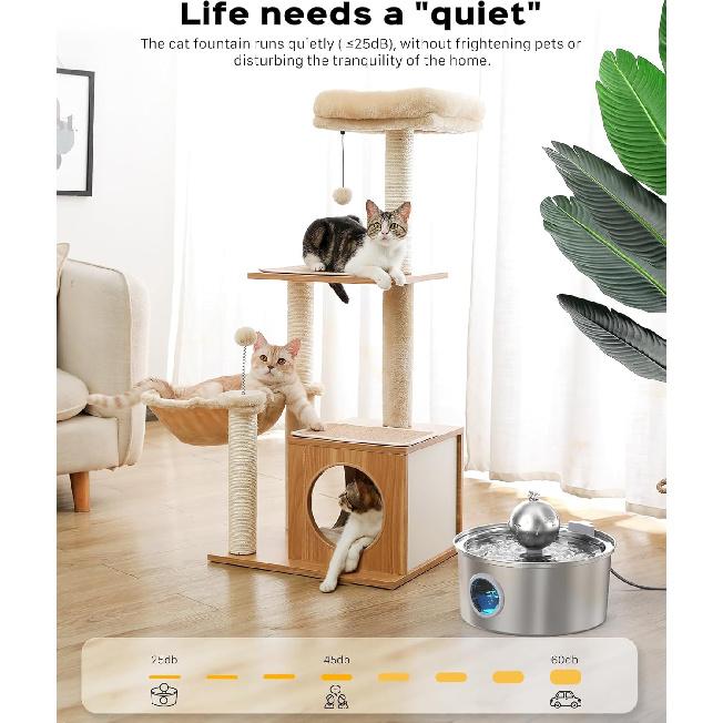 Fontanna do picia dla kota ze stali nierdzewnej:z 6 filtrami węglowymi + 3 sztuki fontanna na wodę dla zwierząt 108oz/3,2L Ciche fontanny dla kotów z okienkiem poziomu wody Kot