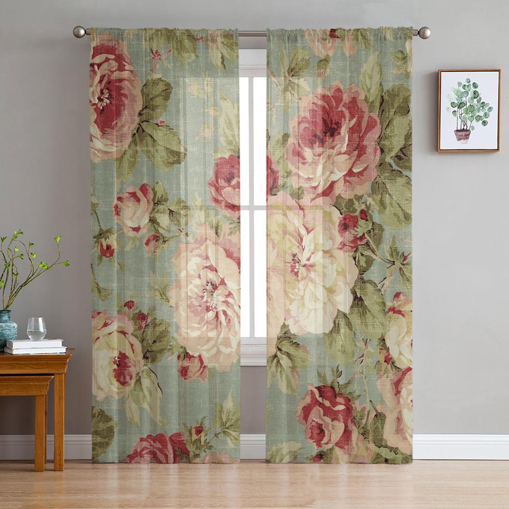 Peony Flower Sheer Curtains for Living Room Modern Voile Curtain Bedroom Tulle Curtains Window Drapes Decor