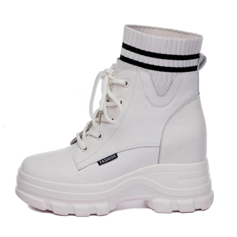 Fujin 9 см каблук платформа танкетка женские ботильоны вязаные натуральная кожа теплый мех скрытый каблук высота женские зимние ботинки обувь 39