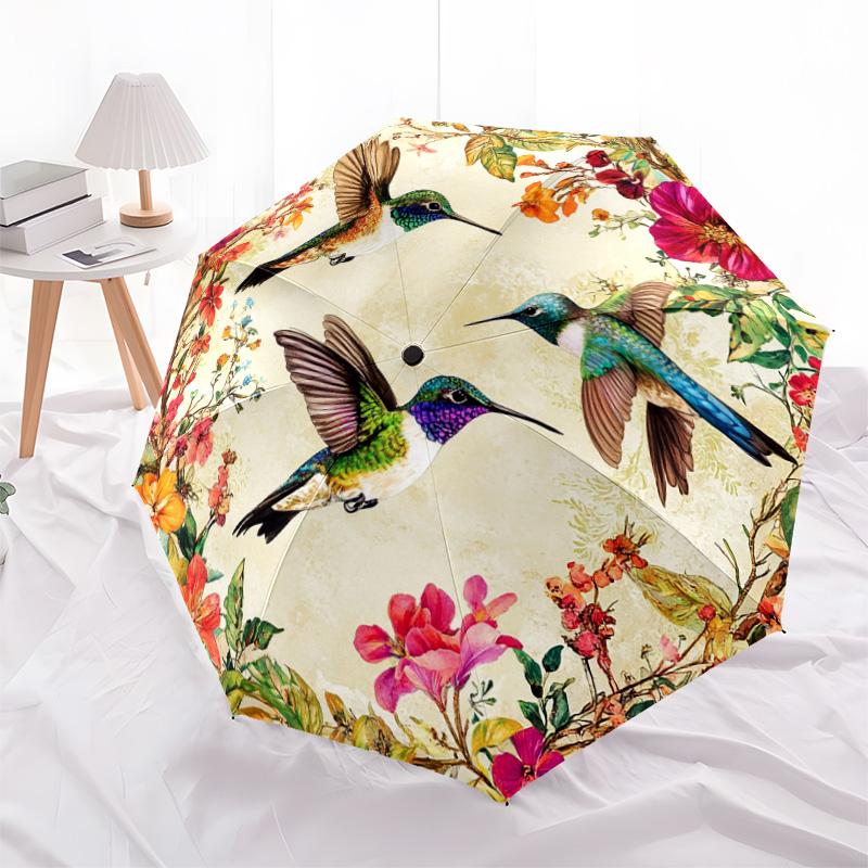 1 PC Automatic Folding Umbrella - Hummingbirds Floral Pattern, Portable & Foldable Design with 8 Ribs, Christmas Birthday Gifts