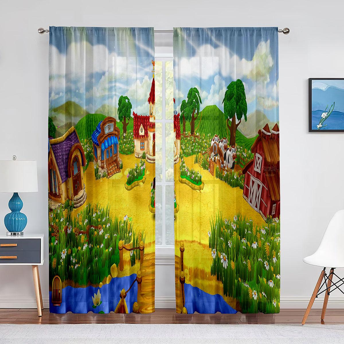 

Загородная ферма-сарай с петухом и восходящим солнцем, прозрачная вуаль, занавеска для гостиной, спальни, кухни, современный тюль, декор для окон 1 PCS W100XH250cm&Grommet Top