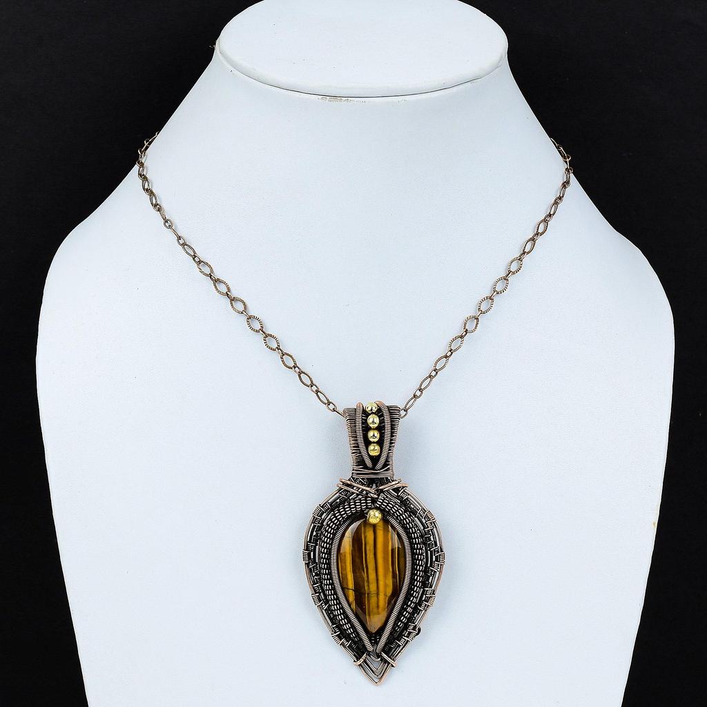 Tiger Eye Pendant, Handmade Gemstone 999 Copper Wire Wrapped Pendant Antique Jewelry, For Gift Silver Jewelry