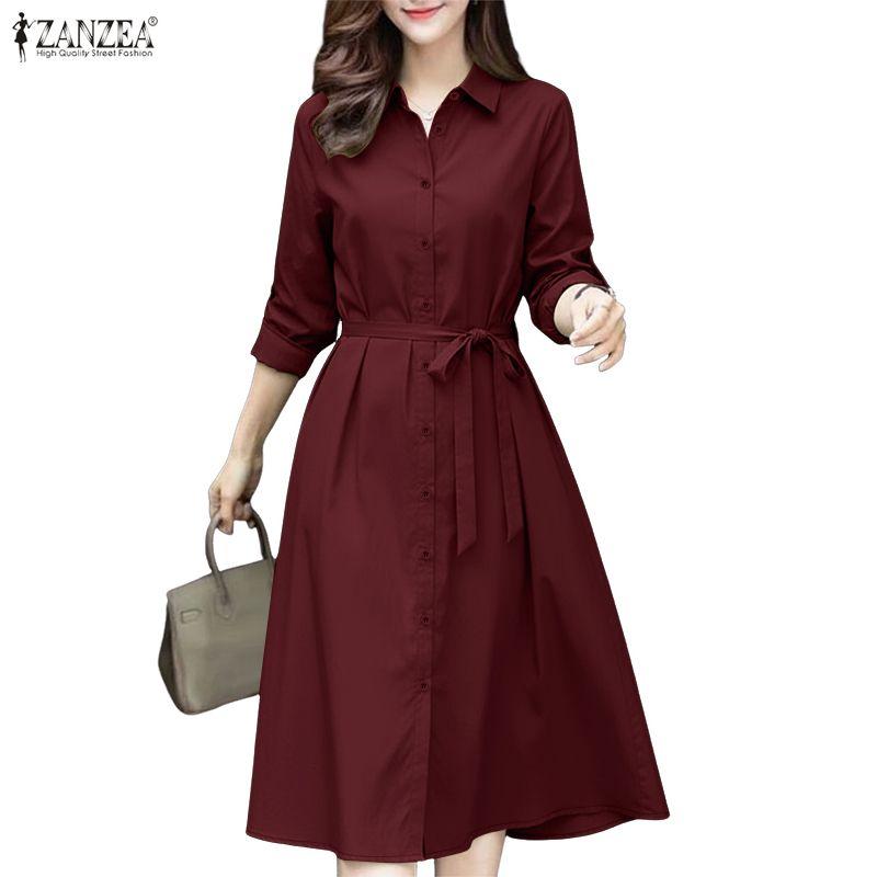 ZANZEA Damska luźna sukienka z długim rękawem i kołnierzykiem typu „sweet down”