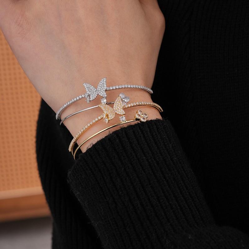 Elegant Double-Layer Open Cuff Bracelet With Zircon Butterfly Floral Design Women Gold Tone Copper Alloy Jewelry