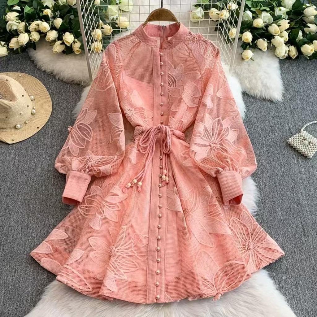 Women's Mandarin Collar Long Sleeve Midi Dress Slim Fit High Waist Elegant Floral Embroidered A Line Dress