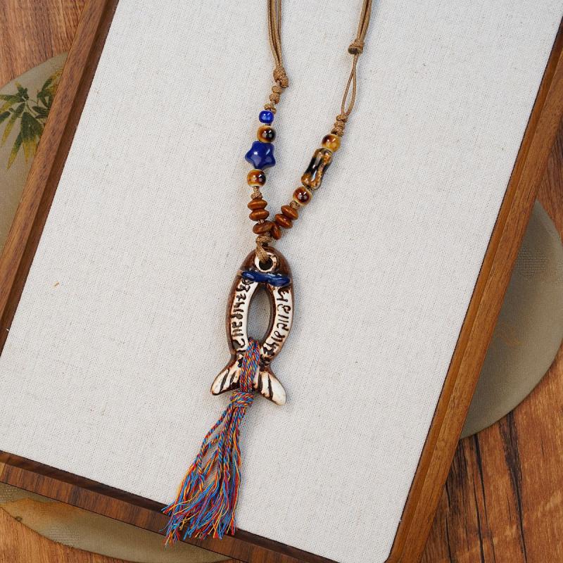 Ethnischer Stil Keramikfisch Halskette für Damen Mädchen Chinesischer Stil Keramikperlen Lange Pulloverkette Modeschmuck Zubehör Geschenk