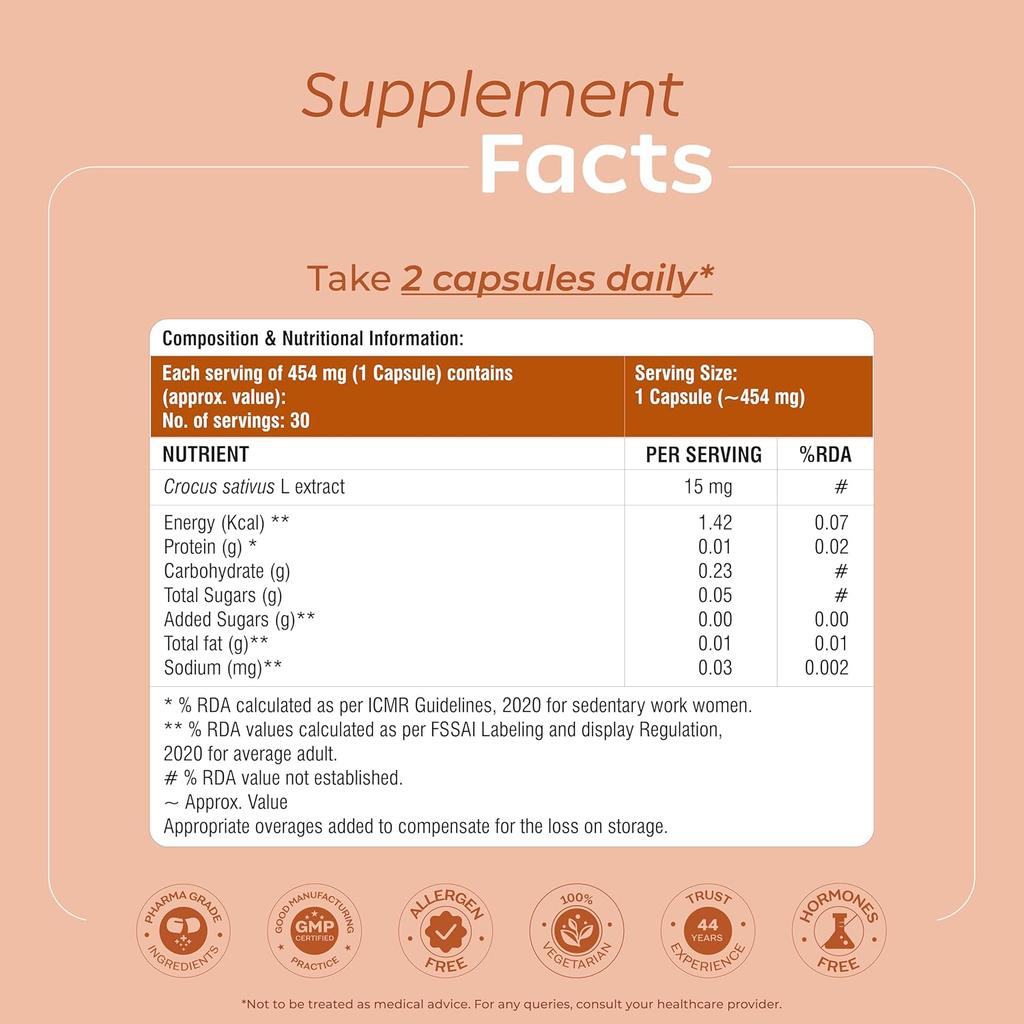 Arth Vital Wellness Saffron Capsules 30 Count For Skin Glow Sleep Support Mood Balance Digestion Eye Care Daily