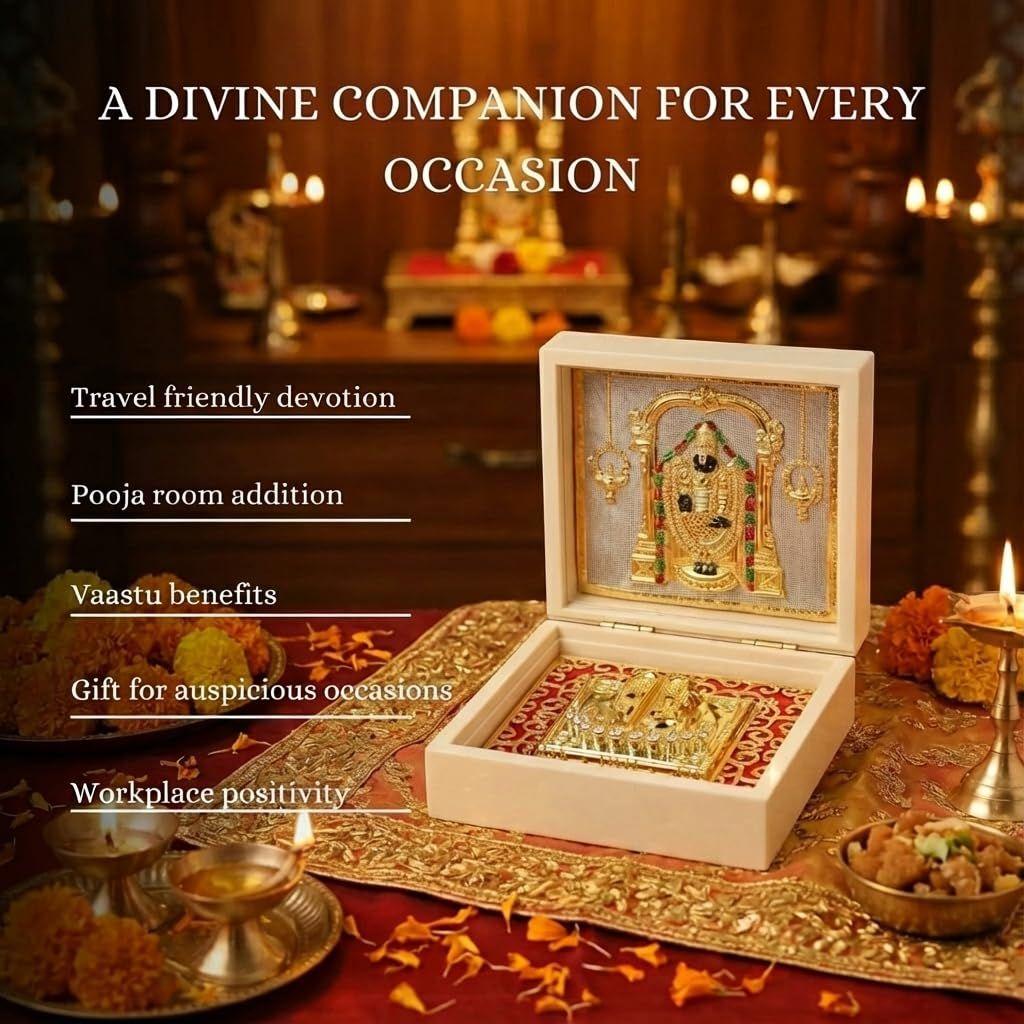 Lord Gold Plated Balaji Pocket Temple for Pooja Room | Venkateshwar Swami Divine Pooja Boxes with Photo Frame & Charan Paduka