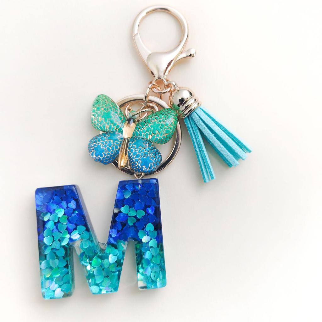 Blue Series 26 Epoxy Letter Keychain Holiday Love Fringe Accessories Gradual Change Butterfly Keychain