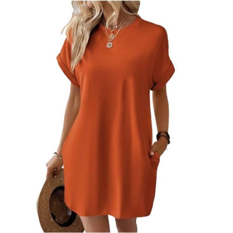 Summer Casual Women Dress Short Sleeve Round Neck Loose Pocket Solid Color Breathable Spring Fashion