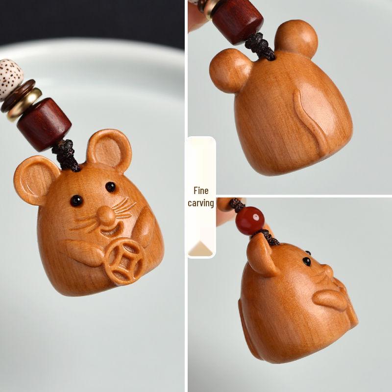 Sandalwood Zodiac Rat Pendant Keychain Necklace: Versatile Charm for Bags and Phones