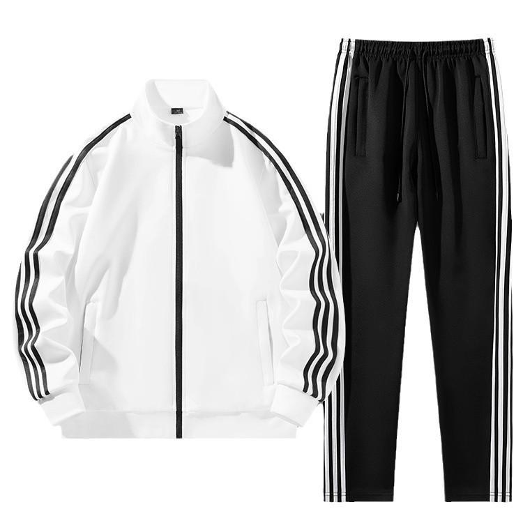 Unisex S-6X Three Stripe Casual Sportswear: Loose Jacket & Long Pants Two-Piece Set