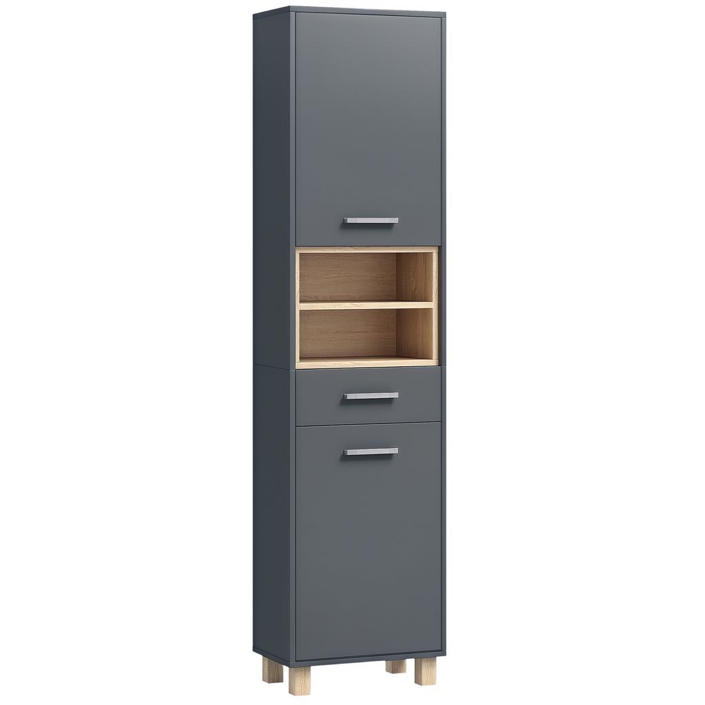 Bathroom Storage Cabinet with 2 Cupboards, Drawer, Open Compartments, Grey