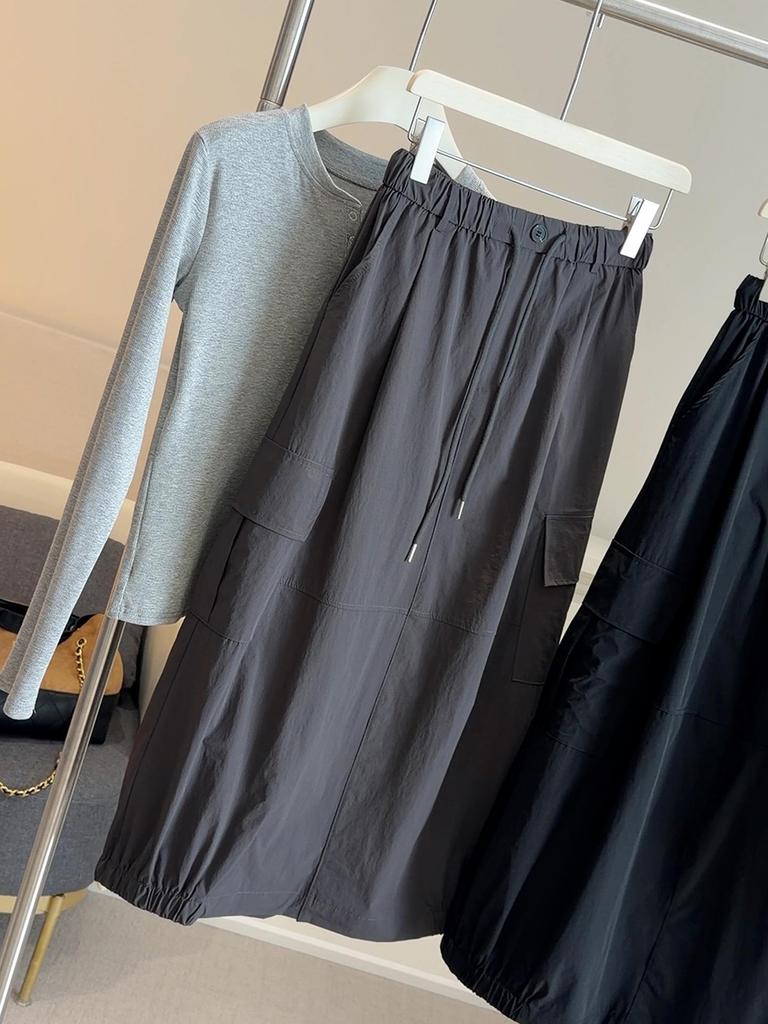 Spring 2026 Women's Stylish A-line Casual Skirt with Bud Shape, Drawstring Pockets, Mid-Length, New Arrival