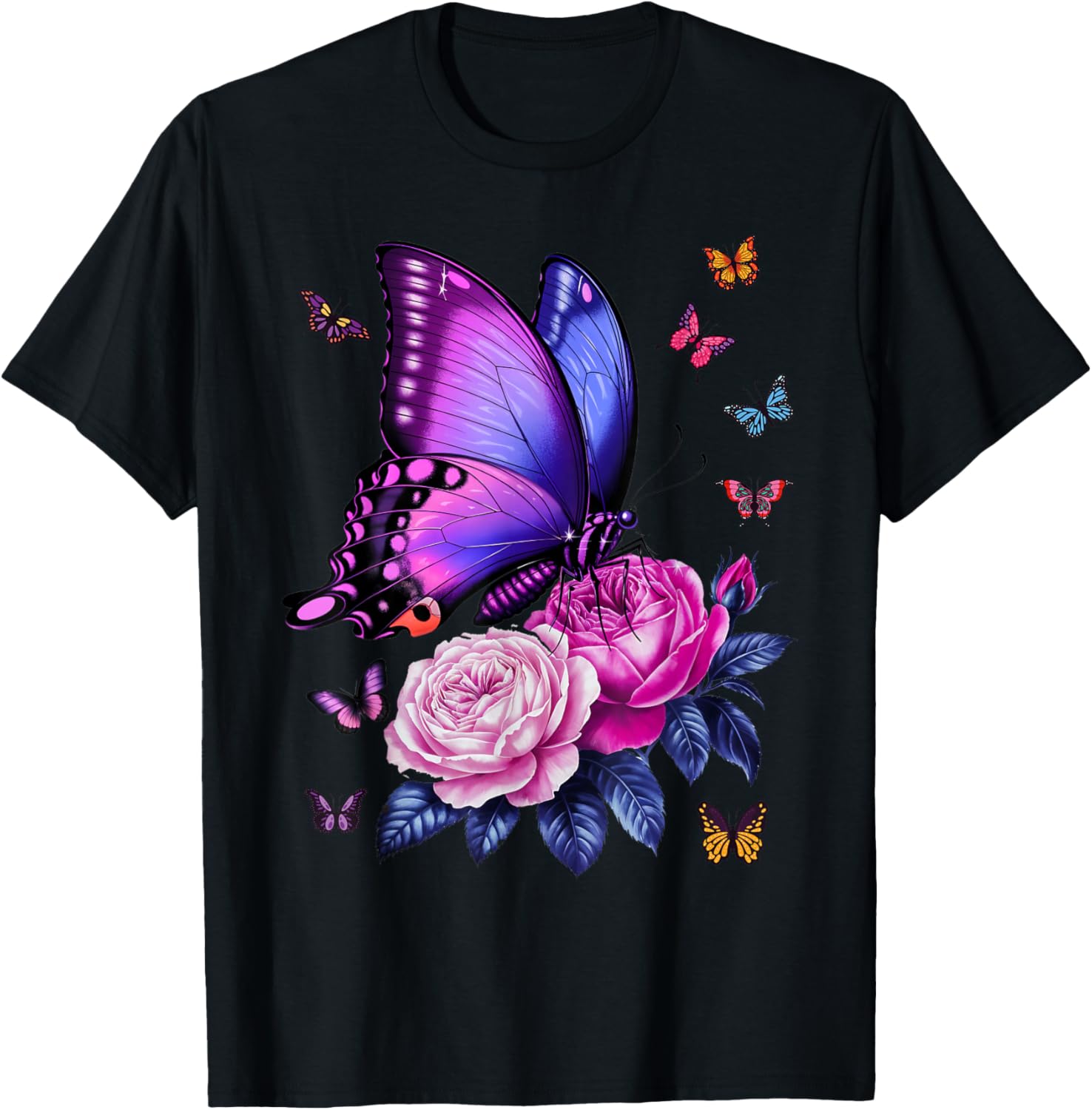 Vibrant Purple Butterfly and Rose Graphic Tee Shirt Breathable Casual Short Sleeve Top 4XL