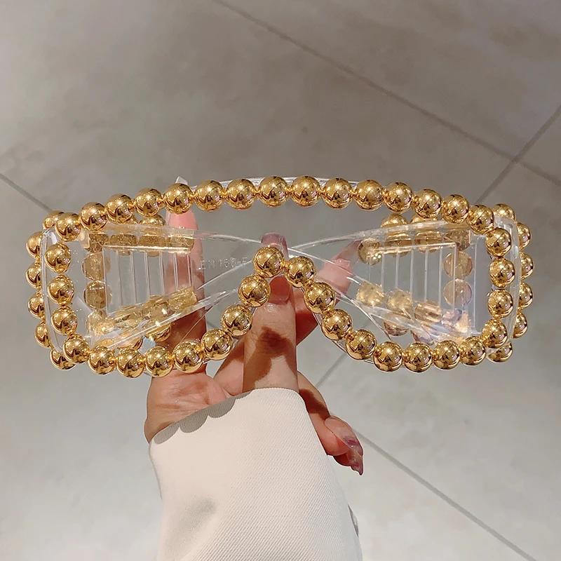 Women Chic Pearls Warp Around Sun Glasses Stylish Candy Color Decor Shades Original Brand Design Travel Holiday Goggle