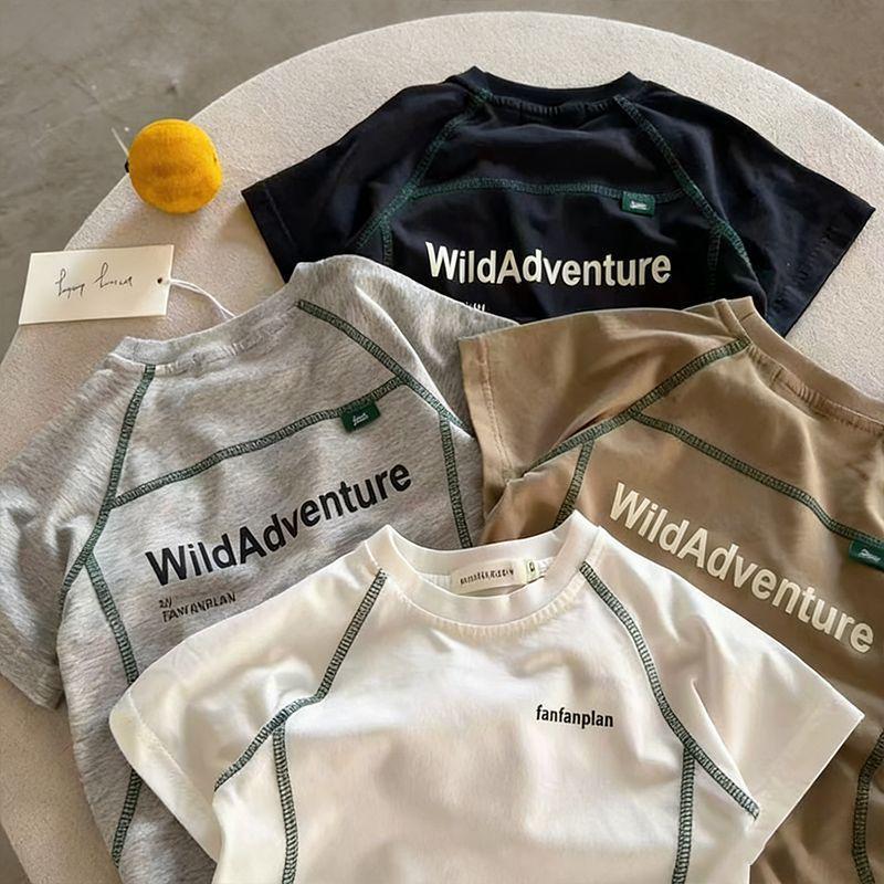 Koreanischer Baumwoll-T-Shirt für Kinder mit Patchwork-Ärmeln - Lässig, Vielseitig und Personalisierbares Kurzarmshirt für Jungen und Mädchen.