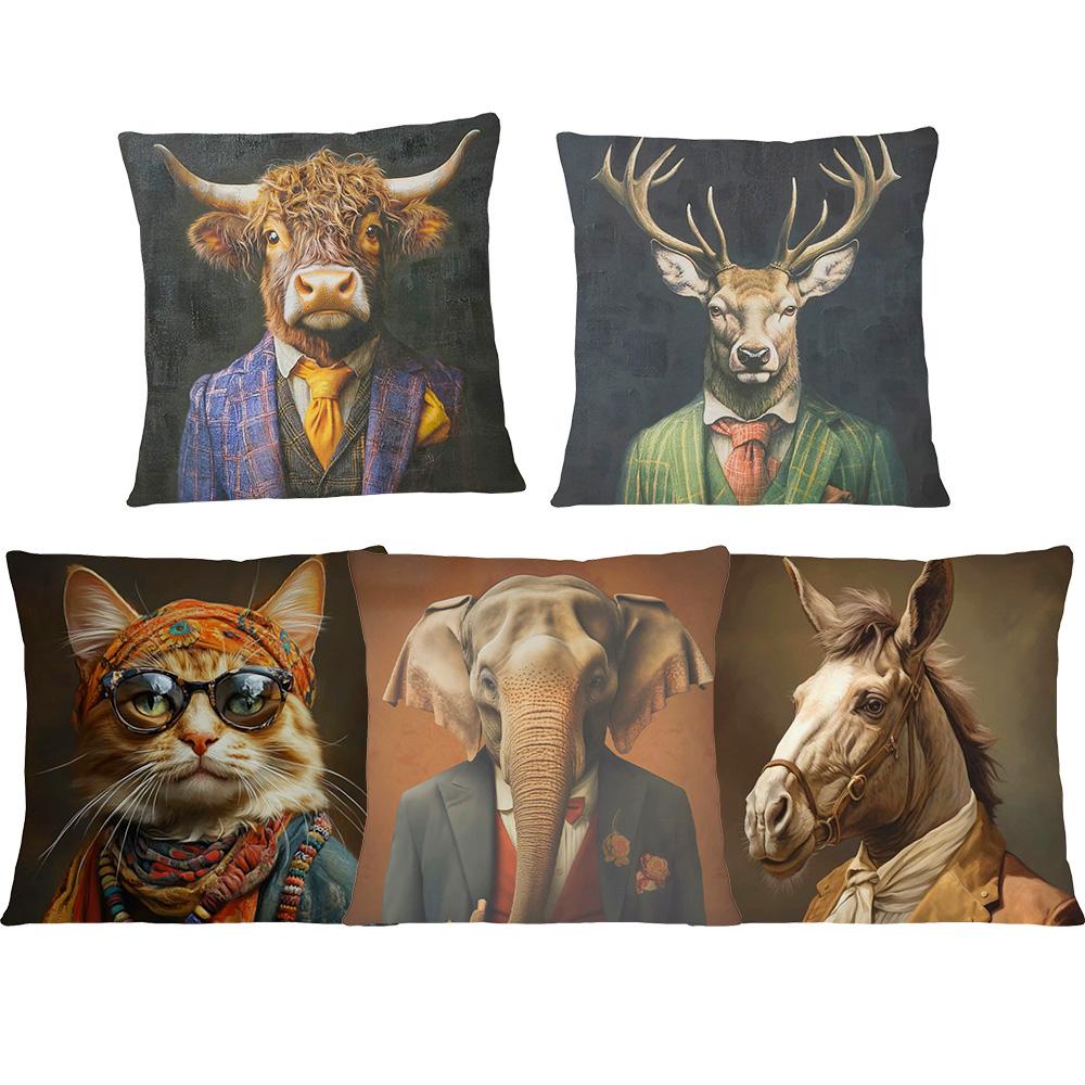 Victorian Bulldog Dachshund Dog Cushion Cover Vintage Highland Cow Stag Elephant Horse Camel Donkey Poster Pillow Case