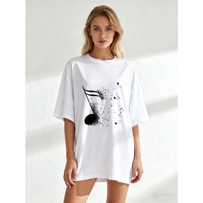 Black Oversized T Shirt With Music Note Print For Casual Wear And Music Lovers