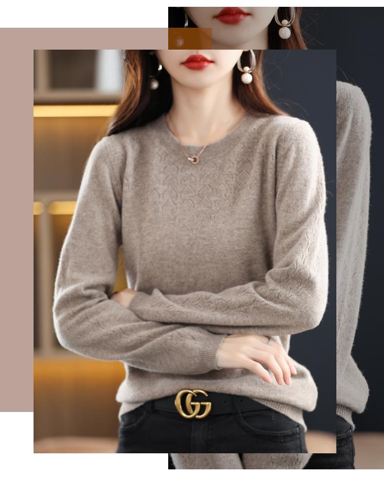 Women's Pure Wool Hollow Knit Round Neck Sweater - Stylish Autumn & Winter Pullover