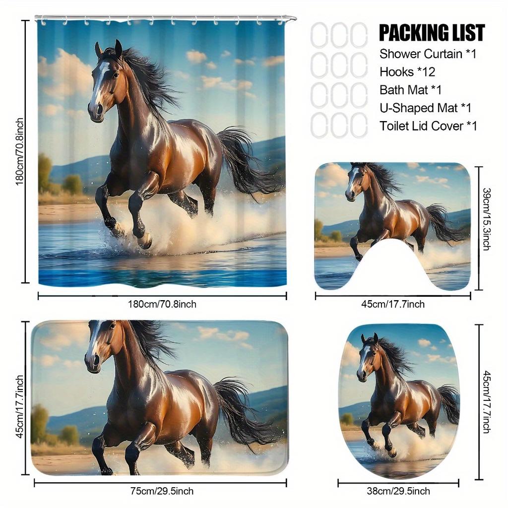 4Pcs Stylish Horsethemed Shower Curtain Set with Non-Slip Bath Mat, Toilet Lid Cover, Contour Rug & 12 Hooks, Bathroom Decor