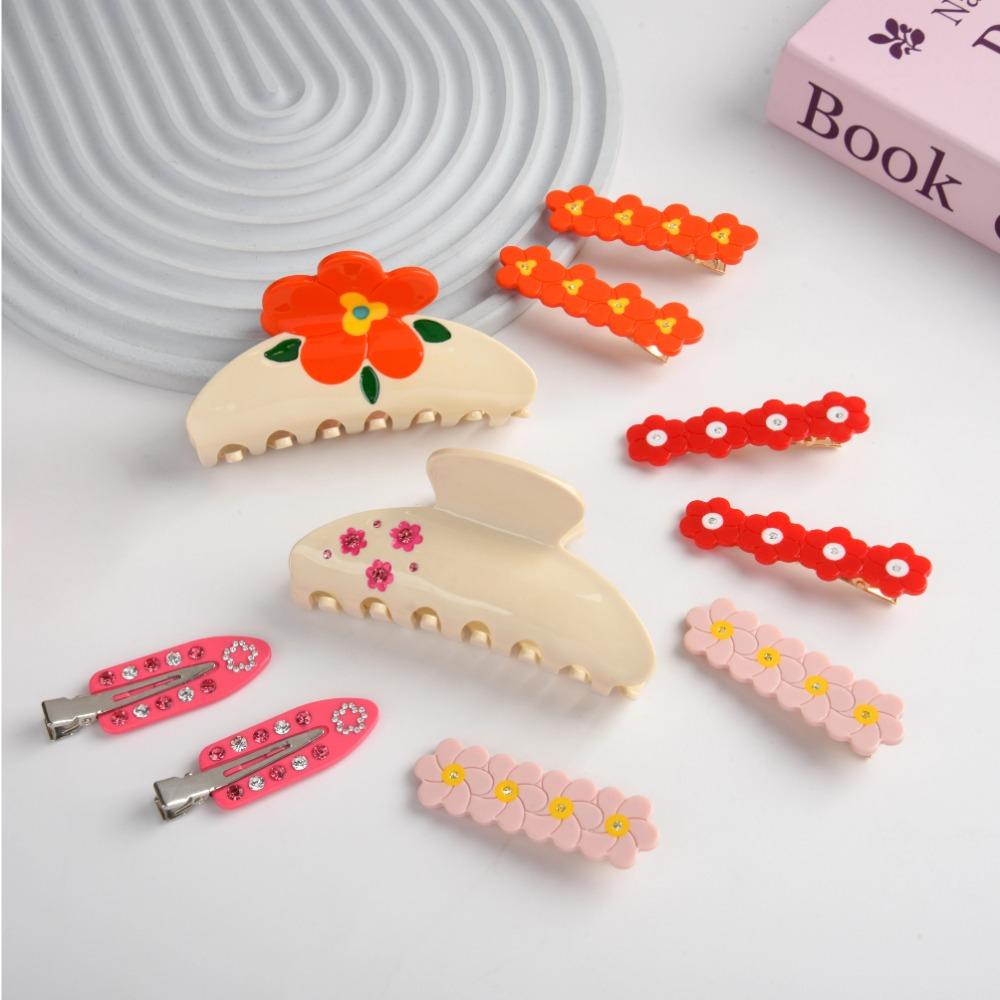 Colorful Acetic Acid Shark Clip Rhinestone Back Head Hair Grab Flower Acetate Hair Claw Girls