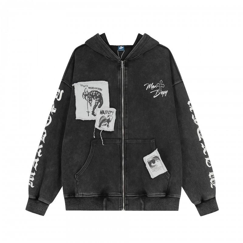 2026 Mens Oversized Hooded Zip-Up Sweatshirt With Abstract Patch Appliqu Streetwear Style Regular Thickness