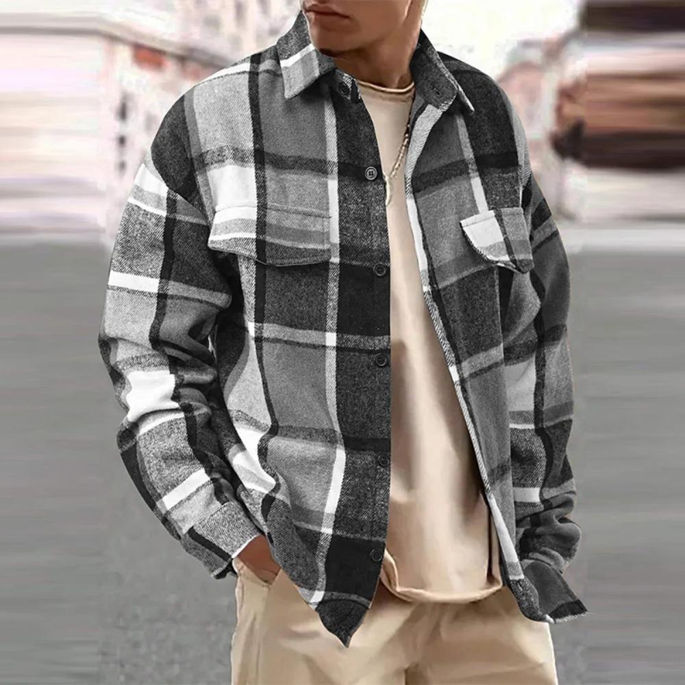 Neues Leichter Luxus Herrenhemd Koreanische Urbane Mode Retro Langarm Tasche Strickjacke Tops Hohe Qualität Verdicktes Karo Bluse S-2XL