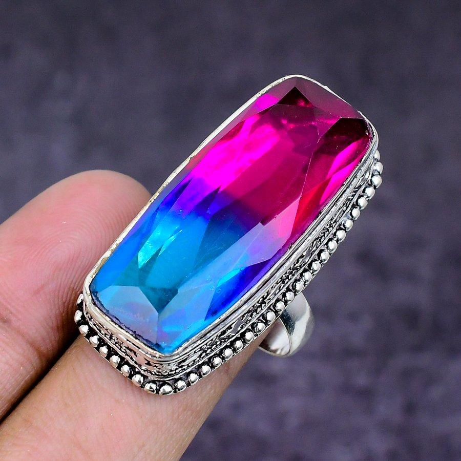 Natural Bi-Color Tourmaline 925 Sterling Silver Jewelry Ring Size 6.5 ETC-14798