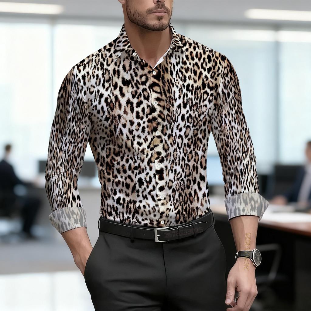 2026 Nuova Camicia da Uomo Personalità Retrò Stampa Leopardata Manica Lunga Business Slim Fit Tendenza Moda Top Casual da Uomo