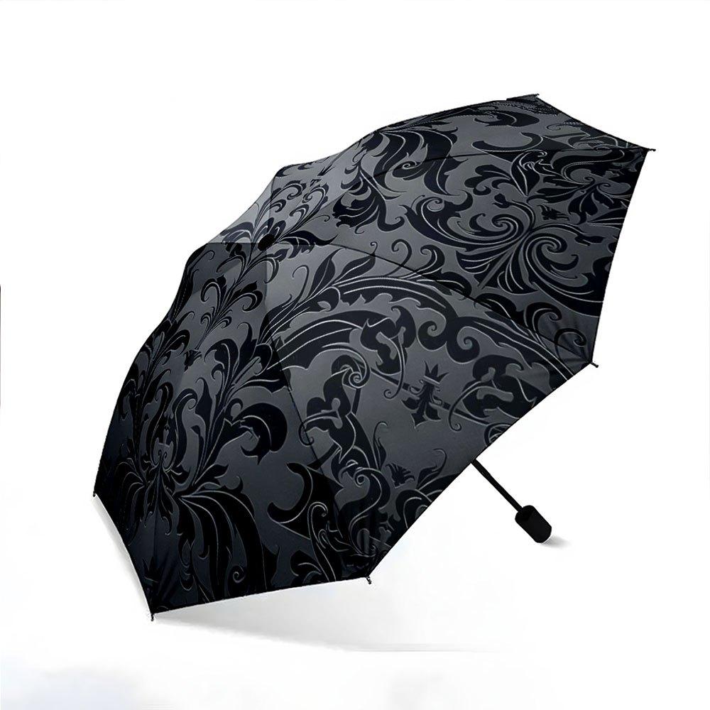 Automatic Folding Umbrella with Black Damask Floral Pattern - Portable Collapsible Design, 8-Rib Durable Frame, Elegant Outdoo