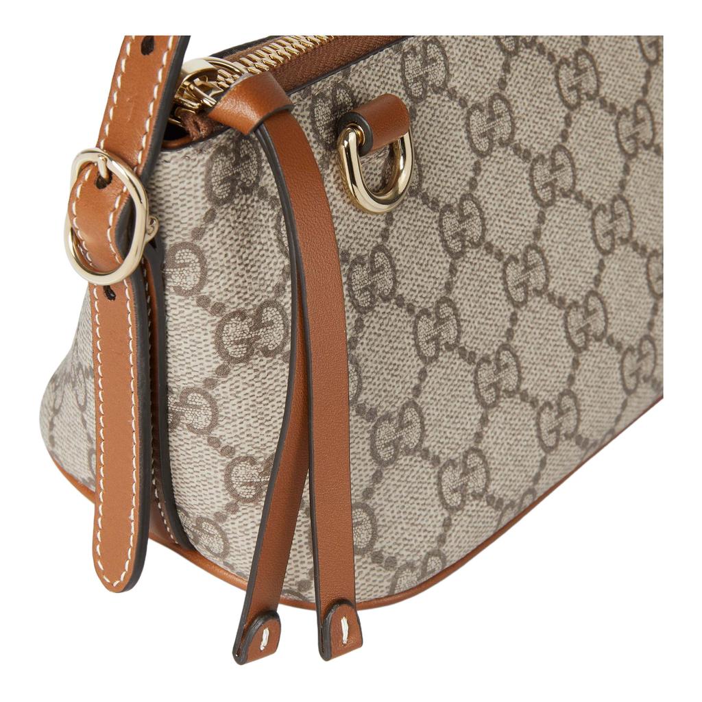 Gucci Torebka na ramię z emblematem GG, jasne złote okucia, tkanina powlekana, mała, damska, beżowo-brązowa, 847281-FAEUC-9758