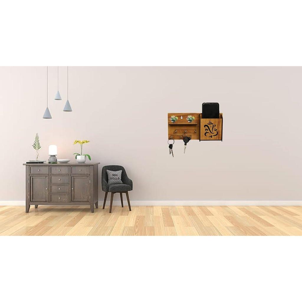 Mehrzweck-Schlüsselhalter aus Holz mit Ganesha-Motiv, mit mobilem Ständer und Wandregal, 6 Schlüsselhaken, 1 Stück, Holz