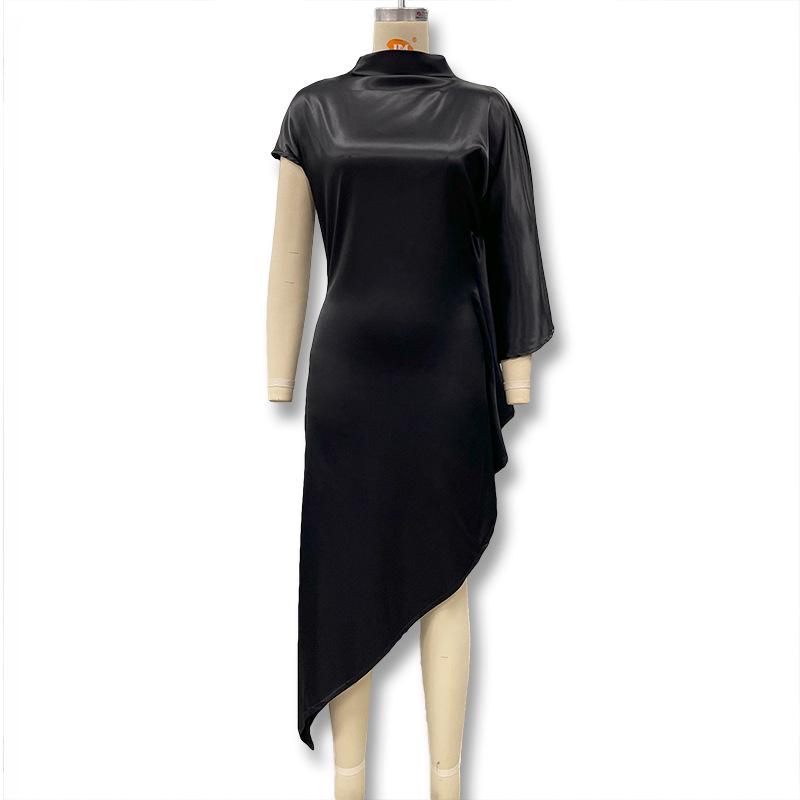 Women's Asymmetrical Sleeveless Evening Dress - Celebrity Style, Autumn Solid Color with Semi-High Neck