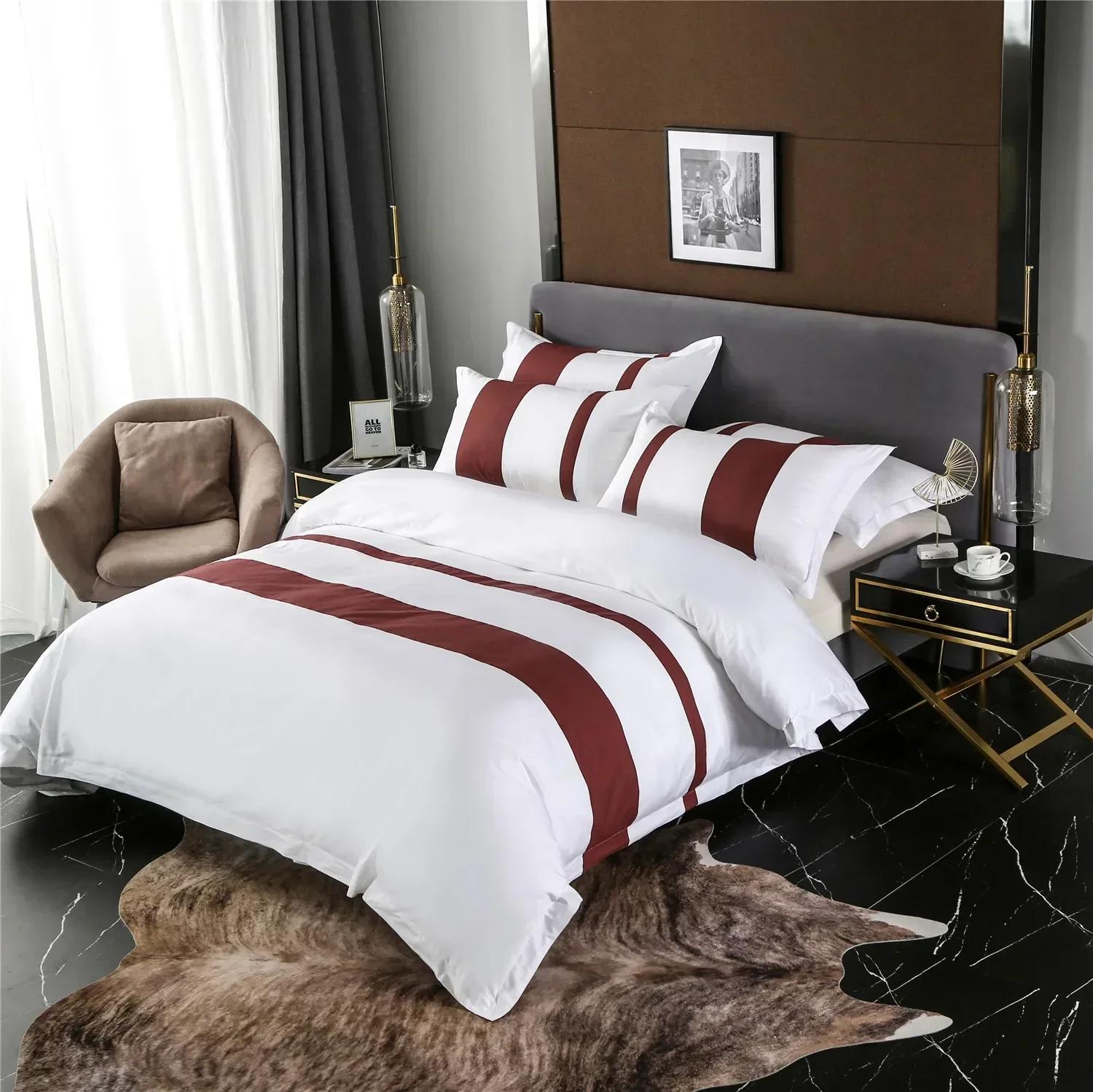 

Hotel Linen All Cotton Set Minimalist Stripes Comfortable Breathable Beds Sheets Duvet Covers Pillowcases Star Rated Bedding Set 1m bed 3pcs&set червоний