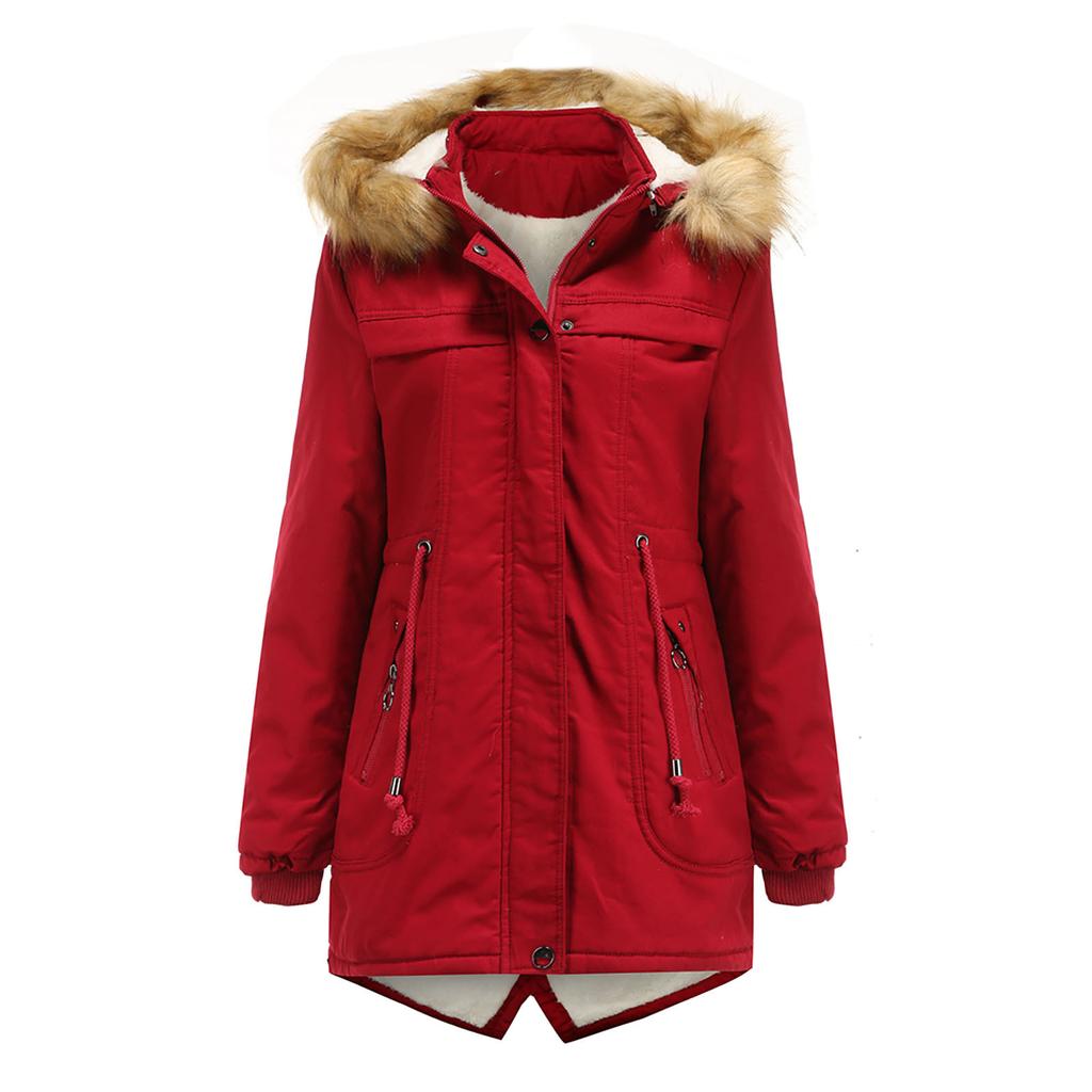 Women's Winter Mid-Length Fleece Detachable Hat Warm Jacket Cotton Coat