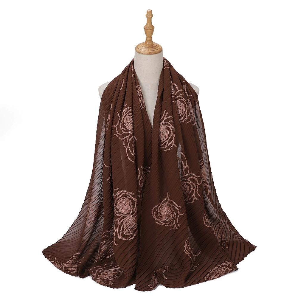 Women Pearl Chiffon Pleated Chiffon Hijab Scarf Islamic Clothing Headscarves Flower Shawls Headwraps For Ladies 70*165Cm